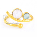 Designer Rainbow Moonstone e Aqua Calcedônia Gemstone Silver Ring, Jóia De Anel De Prata De Ouro 18k